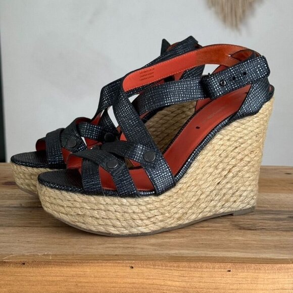 Y2K Via Spiga Karla Gray Textured Leather Strap Platform Espadrille Wedge Sandal - Picture 1 of 17